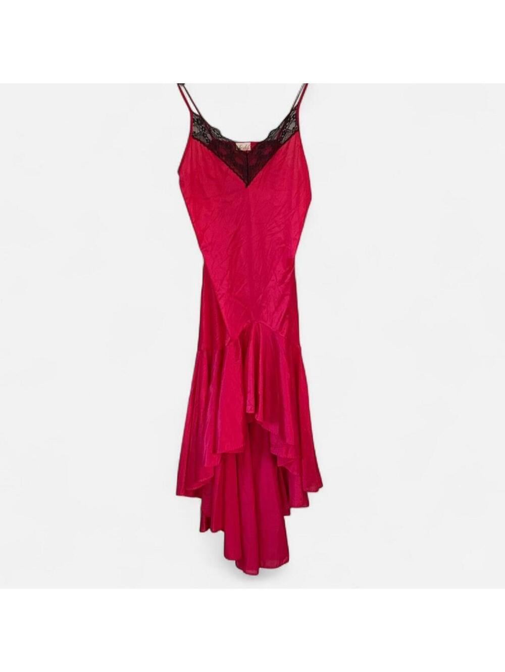 Y2K Red Lace Trim High Low Slip Dress in Red